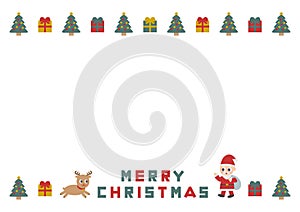 Illustration of Christmas. Santa Claus, reindeer, presents and Christmas tree. Decorative frame design.
